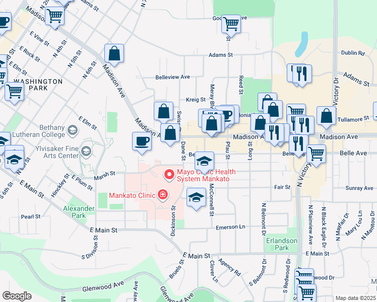 map of restaurants, bars, coffee shops, grocery stores, and more near 108 Belle Avenue in Mankato