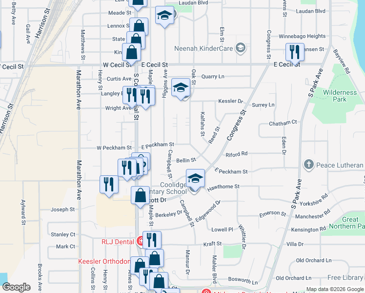 map of restaurants, bars, coffee shops, grocery stores, and more near 407 East Peckham Street in Neenah