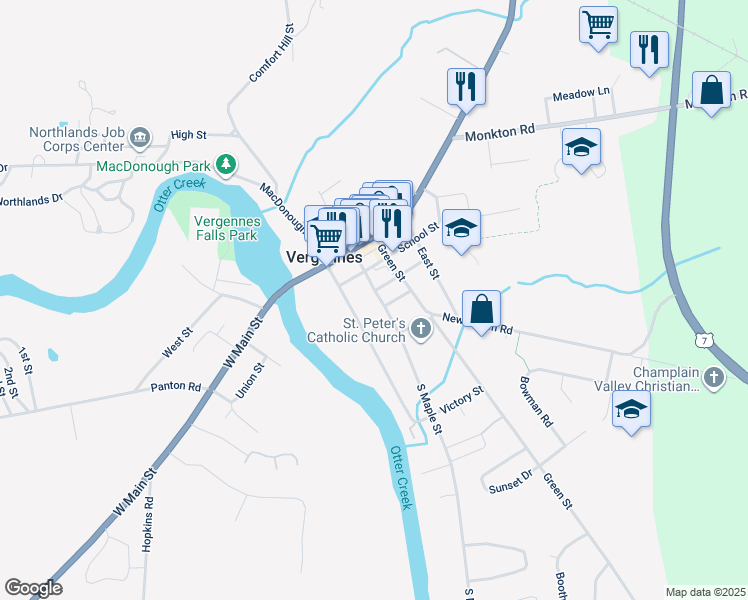 map of restaurants, bars, coffee shops, grocery stores, and more near 31 South Water Street in Vergennes