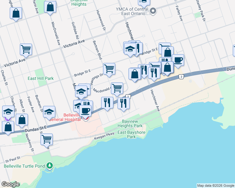 map of restaurants, bars, coffee shops, grocery stores, and more near Hastings Drive in Belleville