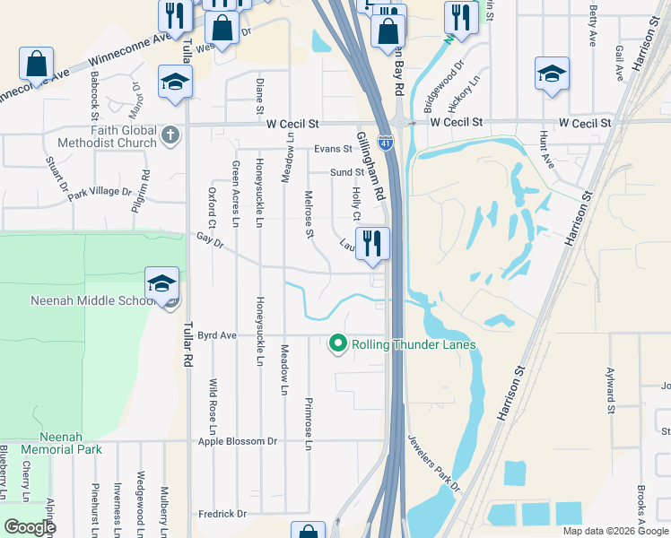map of restaurants, bars, coffee shops, grocery stores, and more near 1096 Melrose Street in Neenah