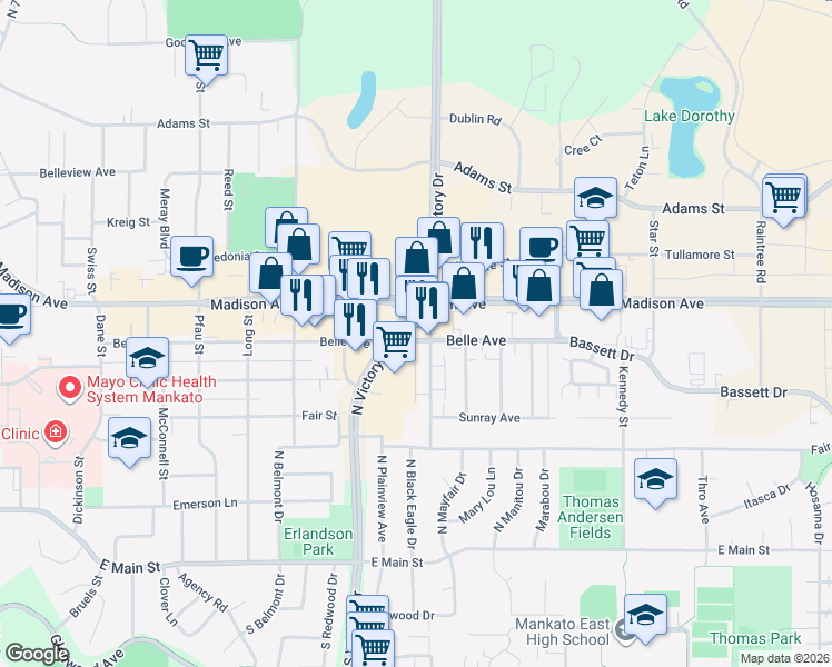 map of restaurants, bars, coffee shops, grocery stores, and more near 500 Holly Lane in Mankato