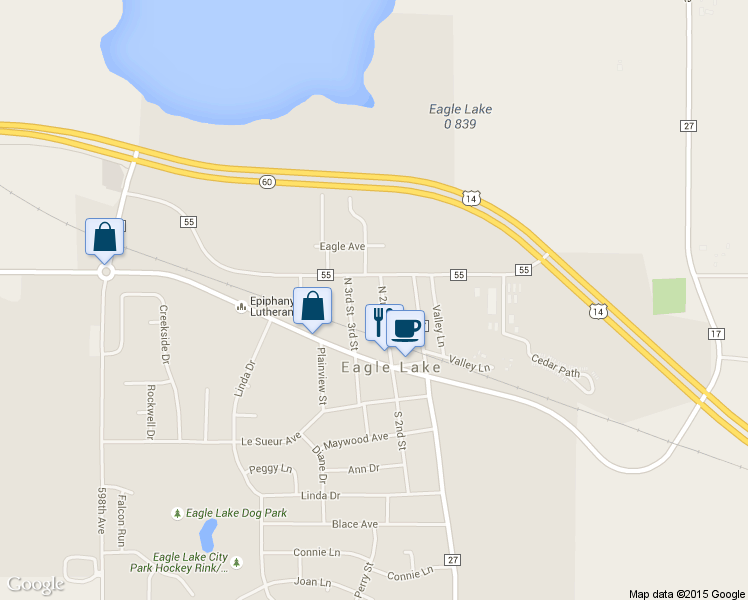 map of restaurants, bars, coffee shops, grocery stores, and more near 124 North 2nd Street in Eagle Lake