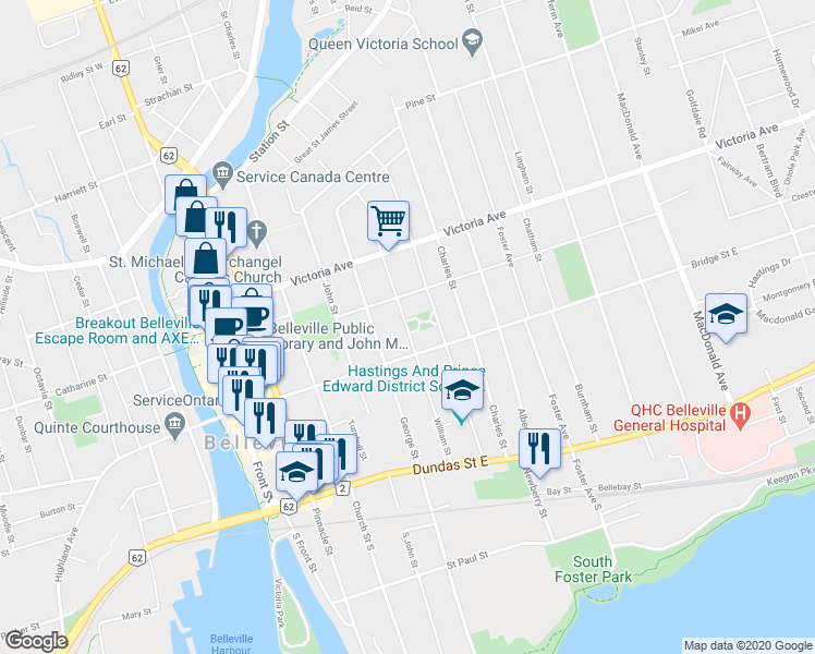 map of restaurants, bars, coffee shops, grocery stores, and more near William Street in Belleville