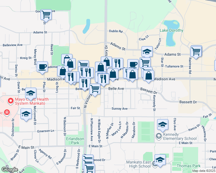 map of restaurants, bars, coffee shops, grocery stores, and more near 500 Holly Lane in Mankato