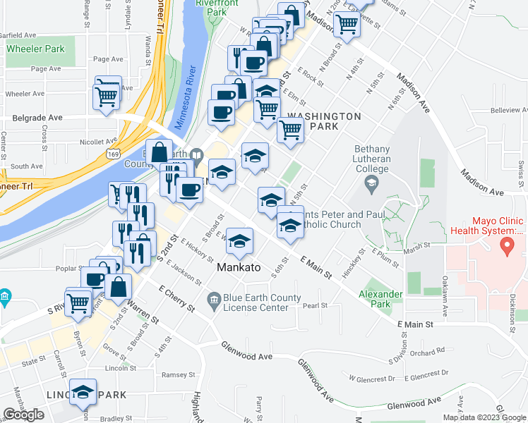map of restaurants, bars, coffee shops, grocery stores, and more near 123 North 4th Street in Mankato