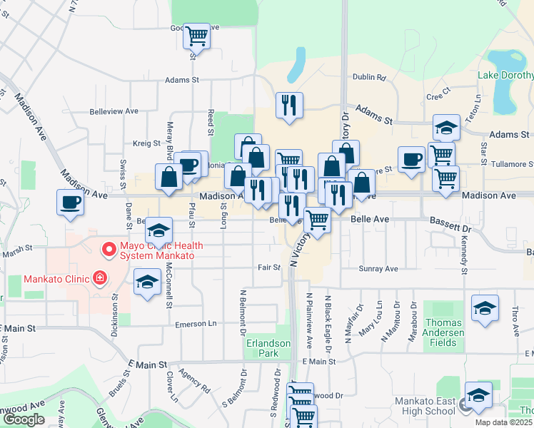 map of restaurants, bars, coffee shops, grocery stores, and more near 1351 Madison Avenue in Mankato