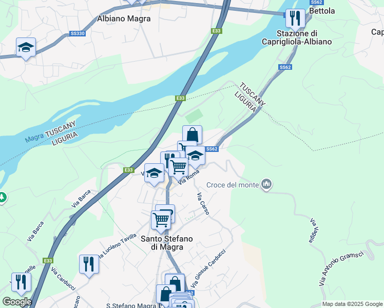 map of restaurants, bars, coffee shops, grocery stores, and more near 14 Via della Cisa in Santo Stefano di Magra