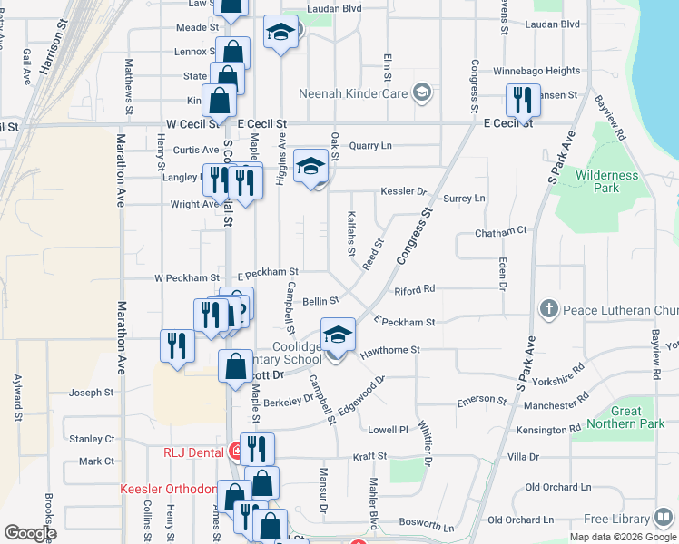 map of restaurants, bars, coffee shops, grocery stores, and more near 428 East Peckham Street in Neenah
