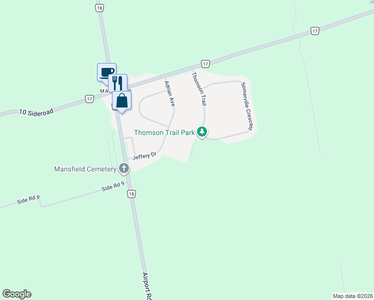 map of restaurants, bars, coffee shops, grocery stores, and more near 30 Thomson Trail in Mansfield