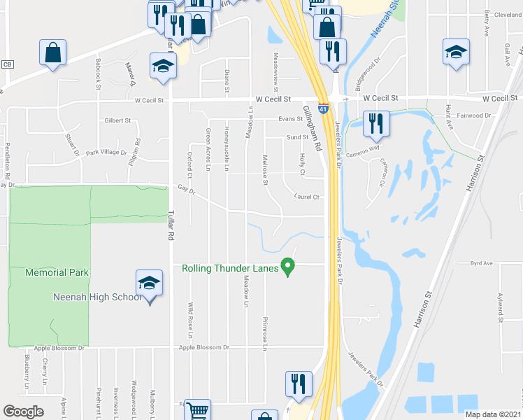 map of restaurants, bars, coffee shops, grocery stores, and more near 965 Gay Drive in Neenah