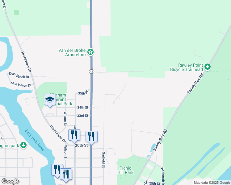 map of restaurants, bars, coffee shops, grocery stores, and more near 610 35th Street in Two Rivers