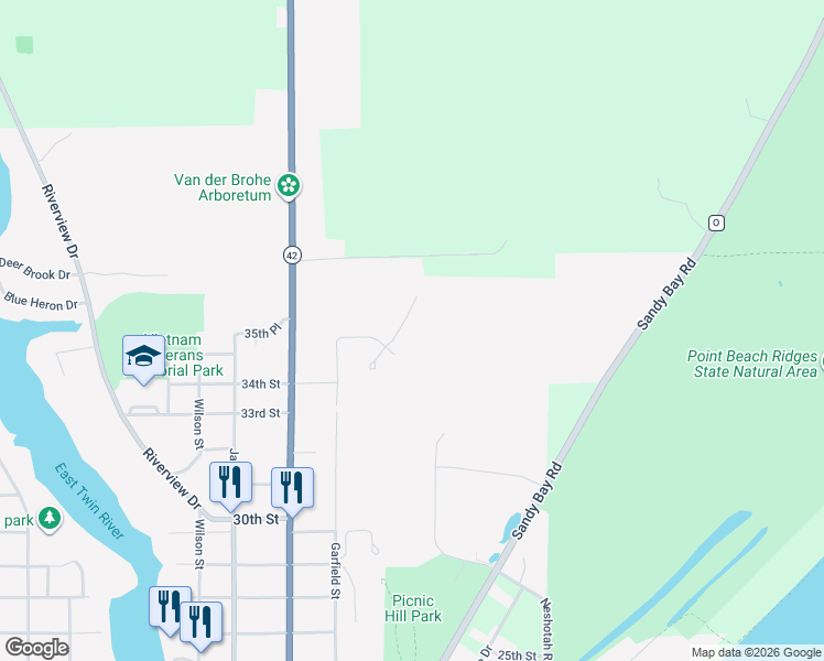 map of restaurants, bars, coffee shops, grocery stores, and more near 3509 Pierce Court in Two Rivers