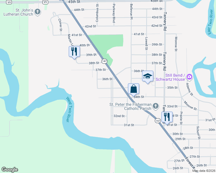 map of restaurants, bars, coffee shops, grocery stores, and more near 3502 Parkway Boulevard in Two Rivers