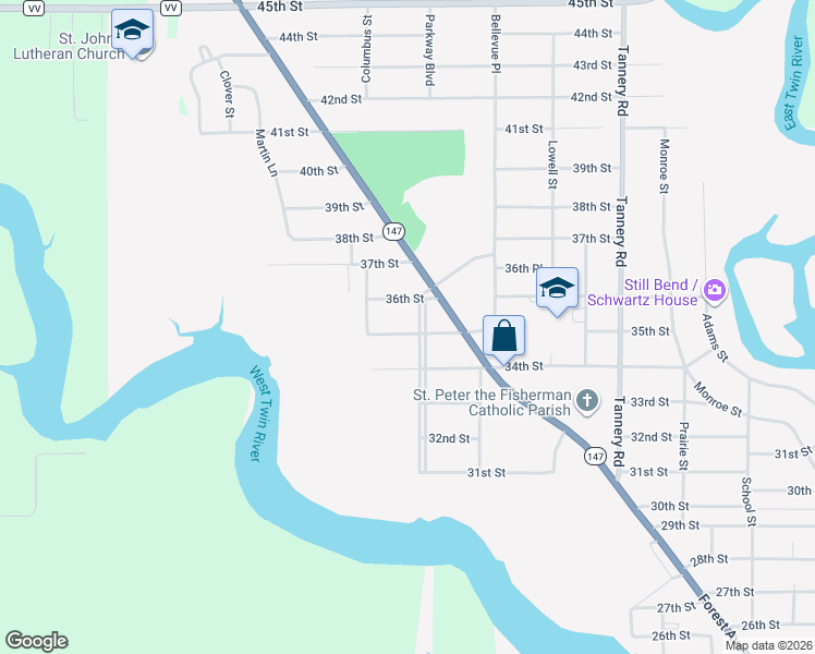 map of restaurants, bars, coffee shops, grocery stores, and more near 3502 Parkway Boulevard in Two Rivers