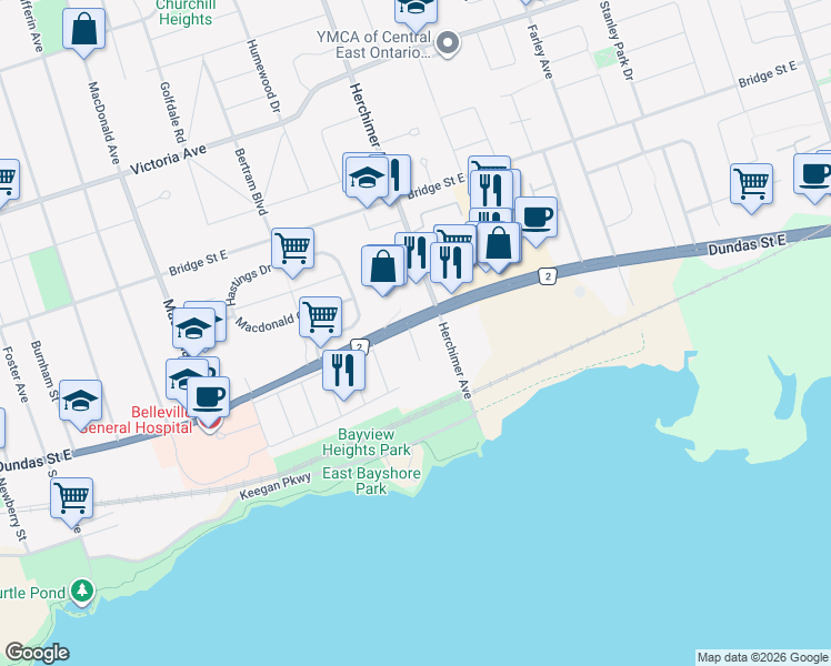 map of restaurants, bars, coffee shops, grocery stores, and more near 409 Dundas Street East in Belleville