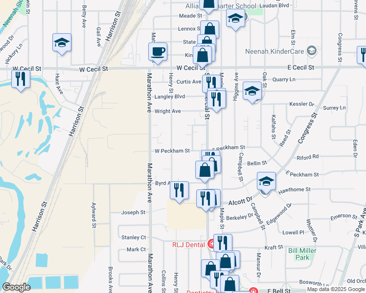 map of restaurants, bars, coffee shops, grocery stores, and more near 133 West Peckham Street in Neenah