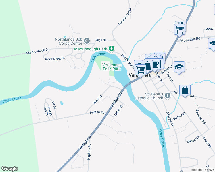map of restaurants, bars, coffee shops, grocery stores, and more near 18 West Street in Vergennes