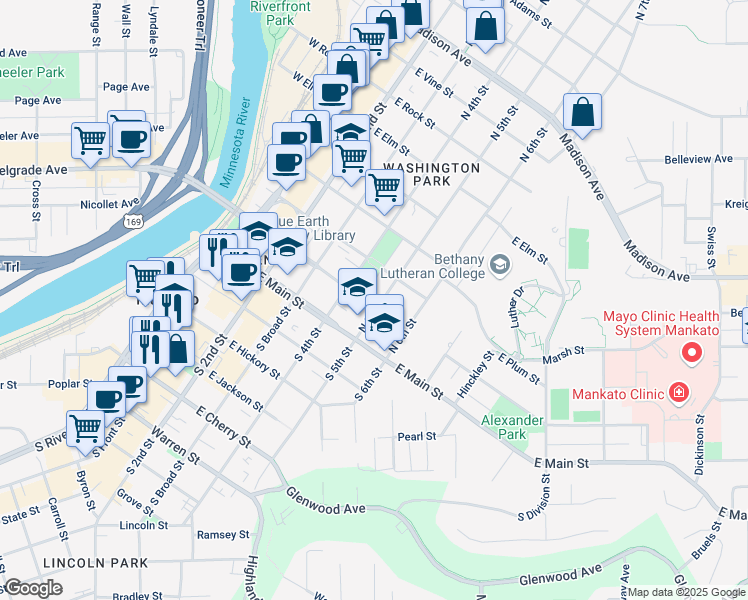 map of restaurants, bars, coffee shops, grocery stores, and more near 512 East Mulberry Street in Mankato