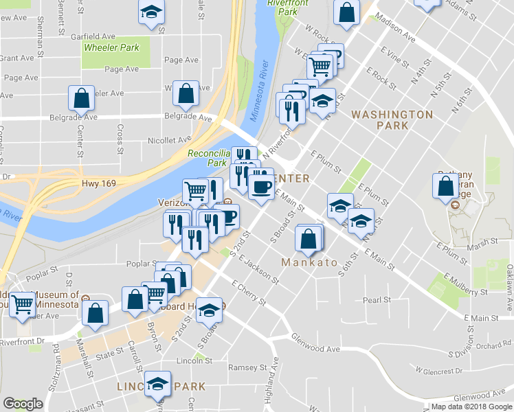 map of restaurants, bars, coffee shops, grocery stores, and more near 198 South 2nd Street in Mankato