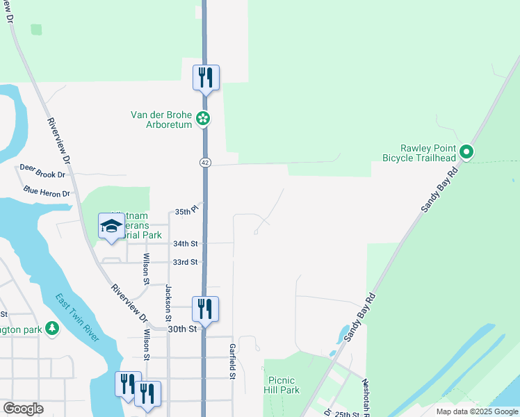 map of restaurants, bars, coffee shops, grocery stores, and more near 610 35th Street in Two Rivers