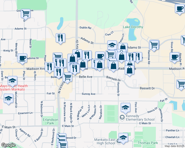 map of restaurants, bars, coffee shops, grocery stores, and more near 1000 Belle Avenue in Mankato