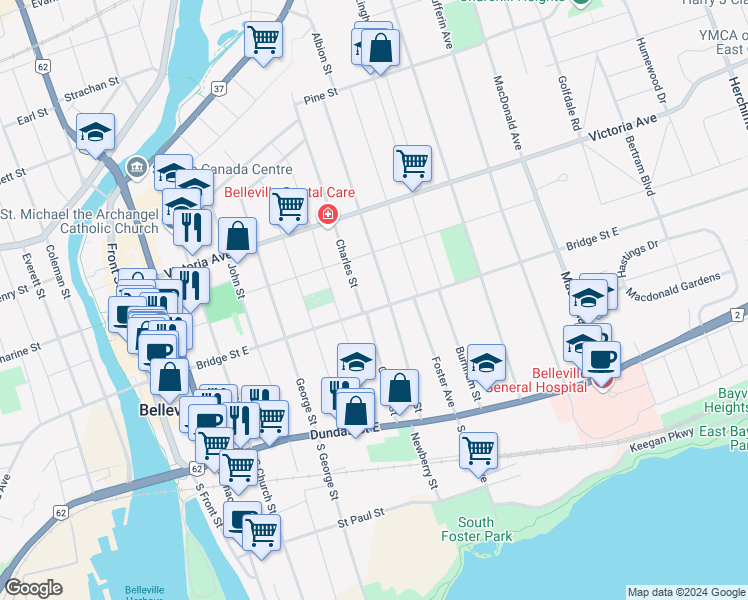 map of restaurants, bars, coffee shops, grocery stores, and more near 166 Bridge Street East in Belleville