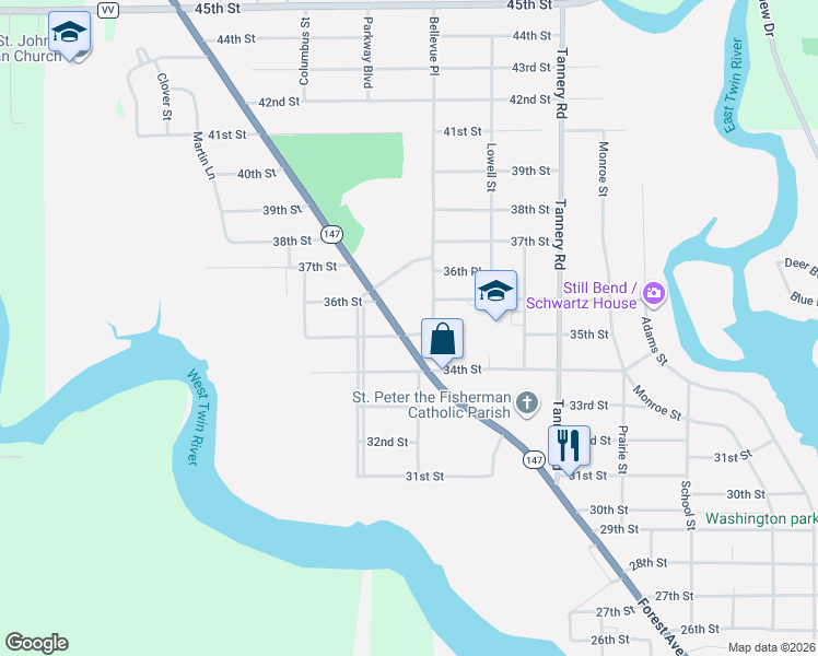 map of restaurants, bars, coffee shops, grocery stores, and more near 2730 35th Street in Two Rivers