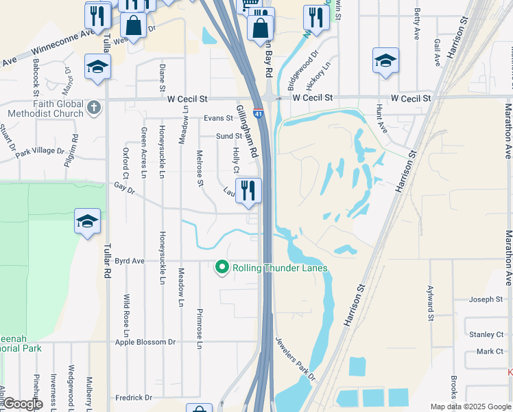 map of restaurants, bars, coffee shops, grocery stores, and more near 1095 Gillingham Road in Neenah