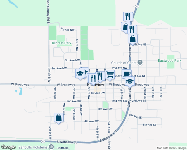 map of restaurants, bars, coffee shops, grocery stores, and more near 440 1st Avenue Southwest in Plainview
