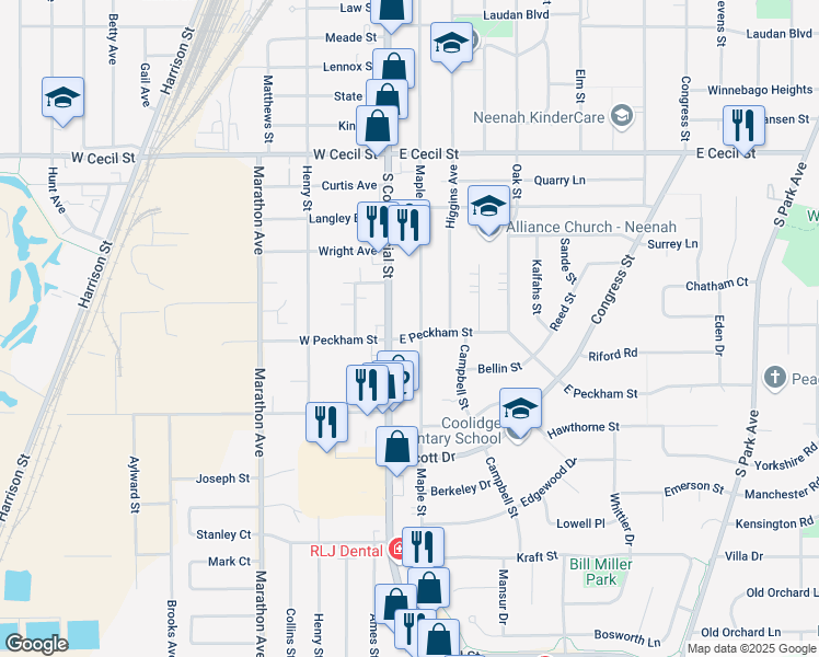 map of restaurants, bars, coffee shops, grocery stores, and more near 110 East Peckham Street in Neenah