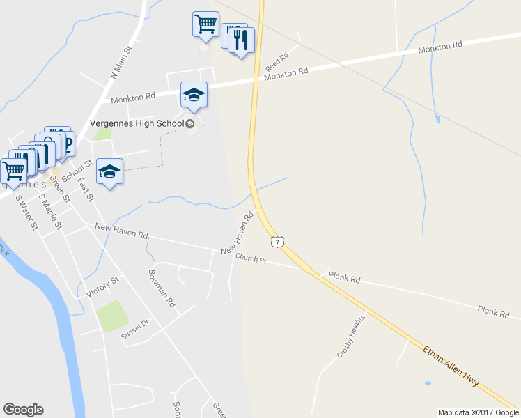 map of restaurants, bars, coffee shops, grocery stores, and more near U.S. 7 in Vergennes