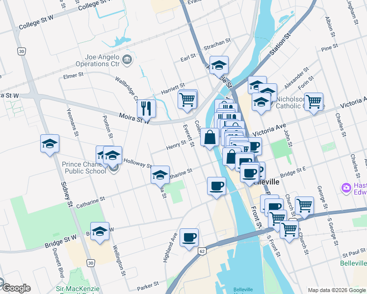 map of restaurants, bars, coffee shops, grocery stores, and more near 77 Cedar Street in Belleville