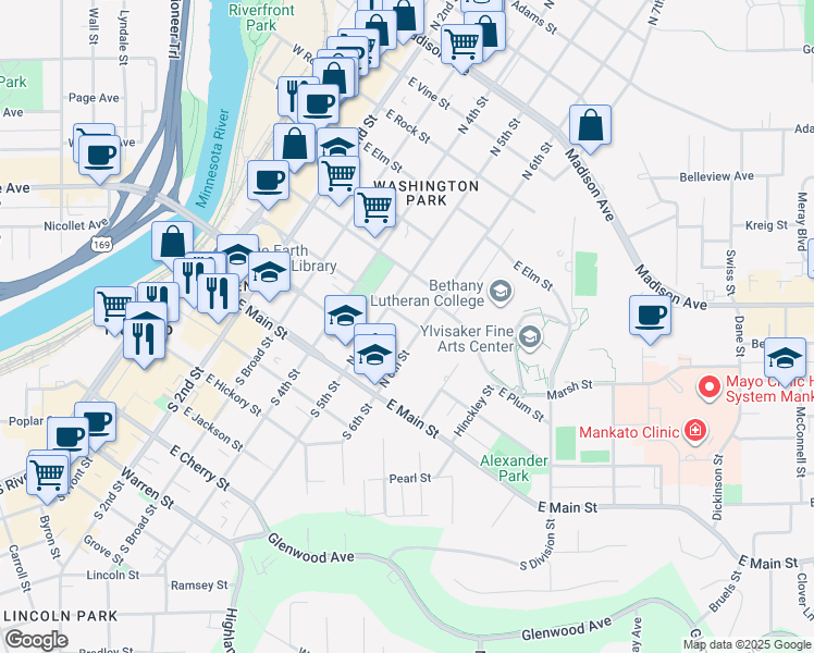 map of restaurants, bars, coffee shops, grocery stores, and more near 227 North 6th Street in Mankato