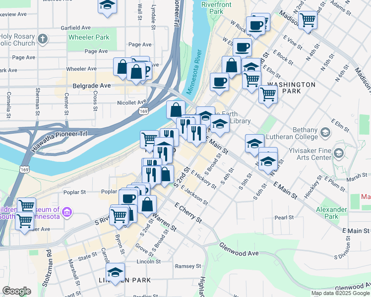 map of restaurants, bars, coffee shops, grocery stores, and more near 107 East Walnut Street in Mankato