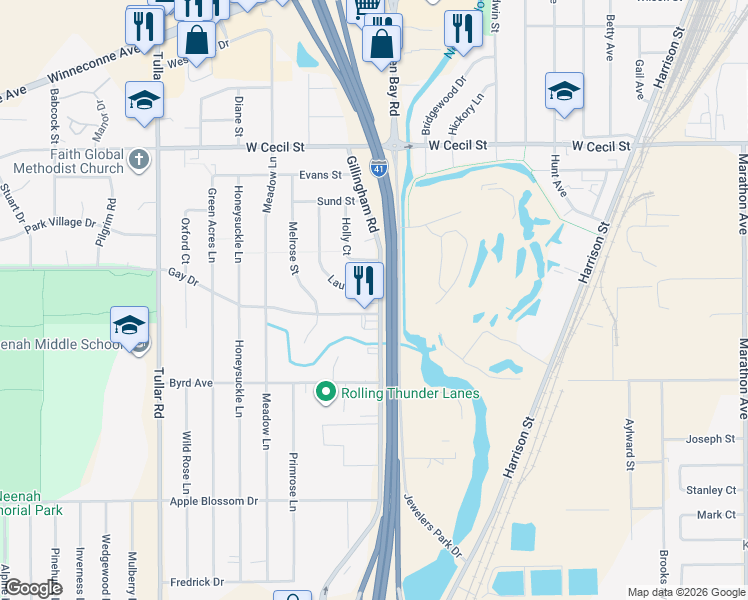 map of restaurants, bars, coffee shops, grocery stores, and more near 913 Gay Drive in Neenah