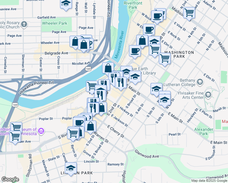 map of restaurants, bars, coffee shops, grocery stores, and more near 107 East Walnut Street in Mankato