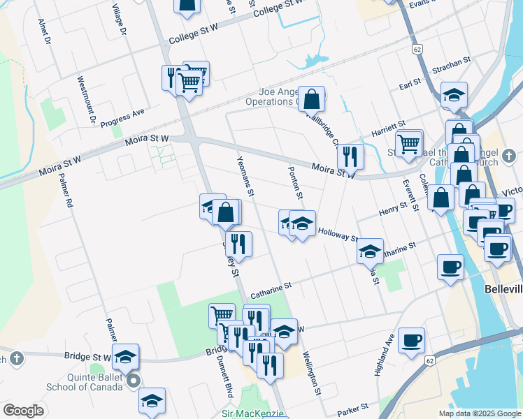 map of restaurants, bars, coffee shops, grocery stores, and more near 45 Benjamin Street in Belleville