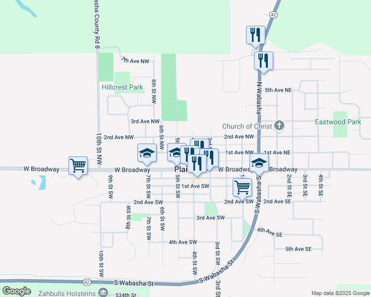 map of restaurants, bars, coffee shops, grocery stores, and more near 440 1st Avenue Southwest in Plainview