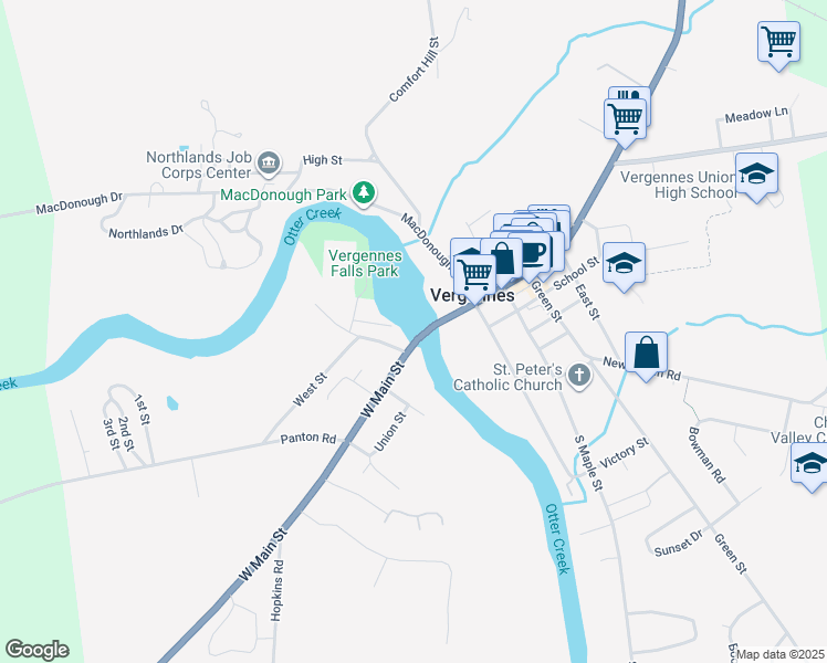 map of restaurants, bars, coffee shops, grocery stores, and more near 362 Main Street in Vergennes