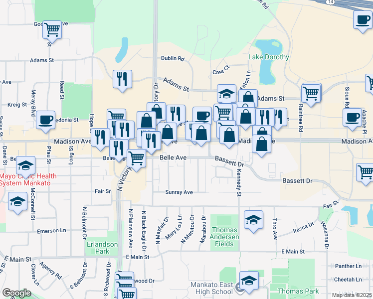 map of restaurants, bars, coffee shops, grocery stores, and more near 1000 Belle Avenue in Mankato