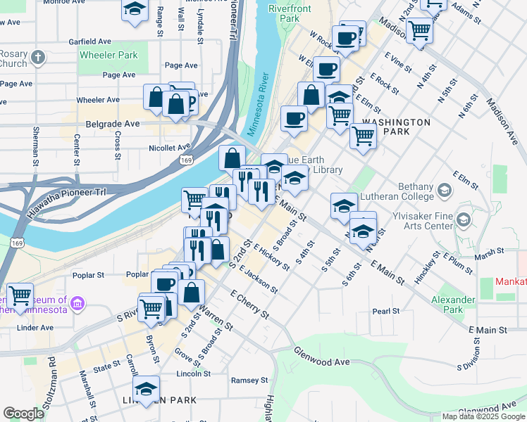 map of restaurants, bars, coffee shops, grocery stores, and more near 212 East Walnut Street in Mankato