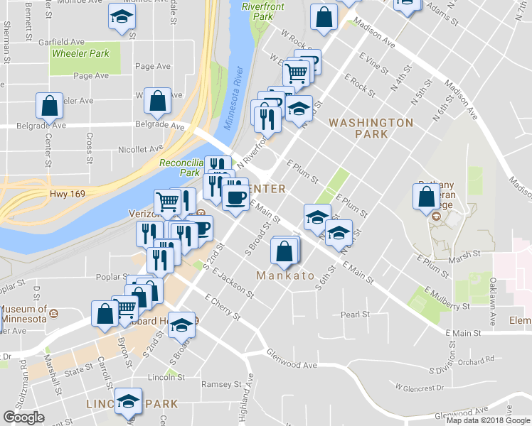 map of restaurants, bars, coffee shops, grocery stores, and more near 227 East Main Street in Mankato