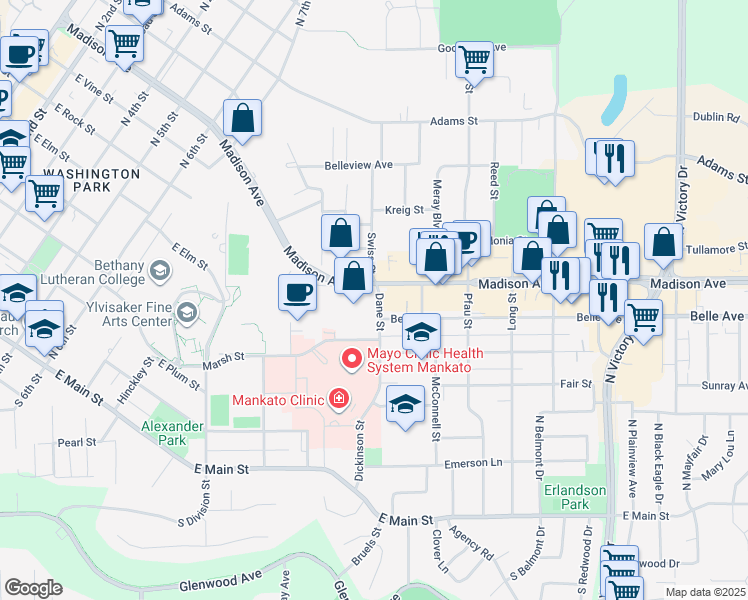 map of restaurants, bars, coffee shops, grocery stores, and more near 112 Dane Street in Mankato