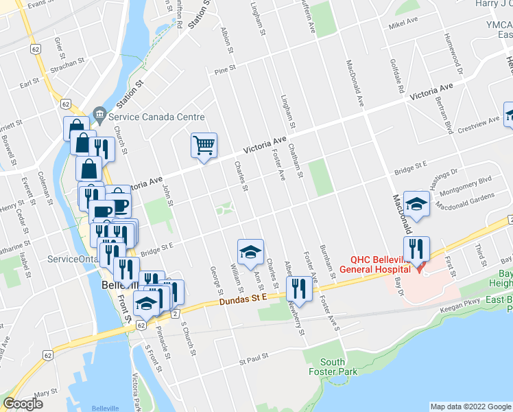 map of restaurants, bars, coffee shops, grocery stores, and more near 166 Bridge Street East in Belleville