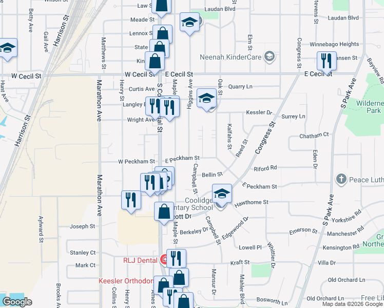 map of restaurants, bars, coffee shops, grocery stores, and more near 219 East Peckham Street in Neenah