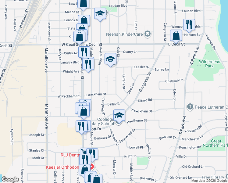 map of restaurants, bars, coffee shops, grocery stores, and more near 407 East Peckham Street in Neenah