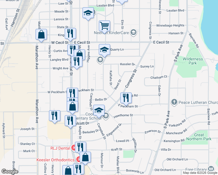 map of restaurants, bars, coffee shops, grocery stores, and more near 428 East Peckham Street in Neenah