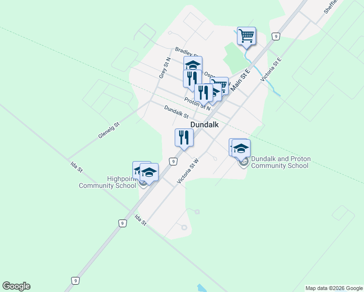 map of restaurants, bars, coffee shops, grocery stores, and more near 191 Main Street West in Grey County
