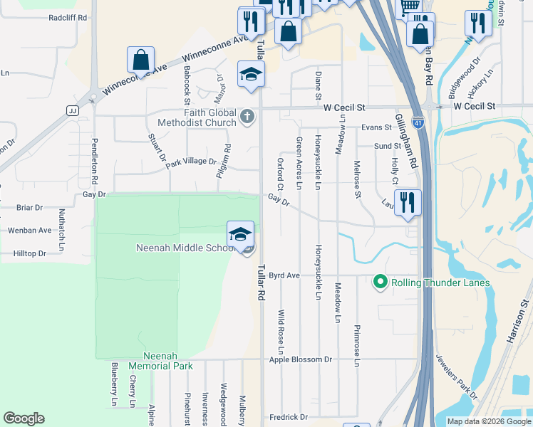 map of restaurants, bars, coffee shops, grocery stores, and more near 1131 Tullar Road in Neenah